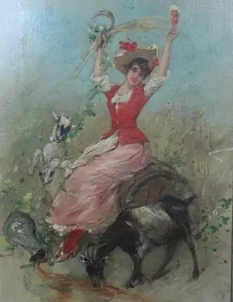 JULES CHERET (1836-1932). Atfedilen. Ahşap plaka üzerine yağlıboya, ''Keçili Genç Hanım'' 19. yüzyıl.