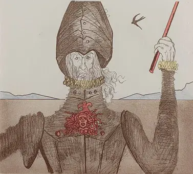 DALÍ, SALVADOR. "Don Quijote (Unelmoija)", 1980, värillinen etsaus, jossa akvatinta ja kuivaneula.