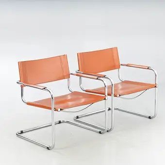 To loungestoler, stålrør med cognacfarget lær, Italia, 1980-1990-tallet (2).