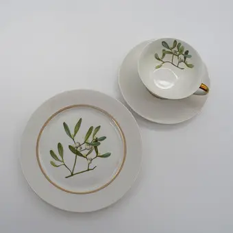 Charlotte von Stein. Porcelana kolekcjonerska Rosenthal, talerz, spodek i filiżanka, ręcznie malowane, dekor jemioła i złoty rant, lata 20.