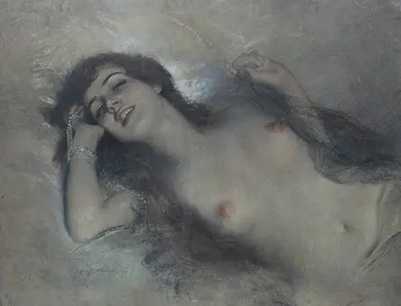 BOLESLAW VON SZANKOWSKI (1873-1953). Impresión gráfica con pastel, ''Desnudo recostado'', firmada.