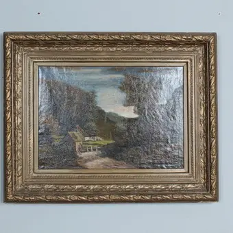 未知艺术家。布面油画，''田园风景与农舍''。