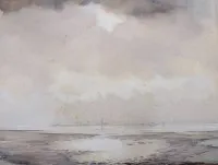 Erich BRODKORB（1896-1968），瓦登海眺望Neuwerk岛，水彩画，无框，画纸有霉斑，画面尺寸约30 x 40厘米