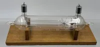 Cathode ray electron tube, experimental devices for magnetic effect mechanisms, physics teaching equipment, suitable for student oscilloscopes etc., on wooden base, 28x10 cm