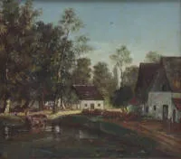 Peintre paysagiste allemand 20e s., Idylle villageoise avec personnages