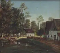 Peintre paysagiste allemand 20e s., Idylle villageoise avec personnages