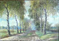 M. Henschke (peintre du 20e s.), allée de bouleaux en automne