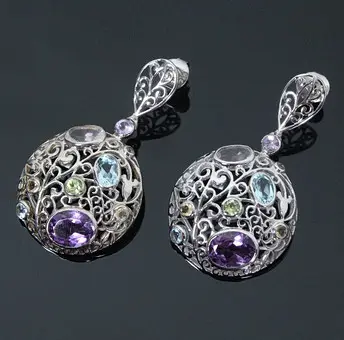Drop earrings with amethyst, peridot, citrine, topaz and rose quartz, 925 silver.