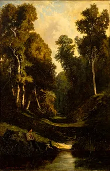 Școala de la Barbizon, cercul lui François Louis Français (1814-1897). Pârâu în pădure cu drumeț