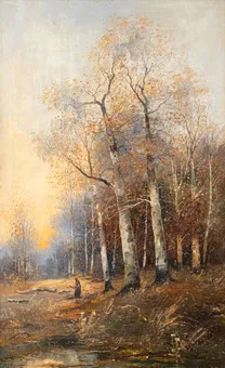 ADOLF KAUFMANN (1848-1916). Recogedora de leña en el bosque otoñal.