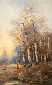 ADOLF KAUFMANN (1848-1916). Recogedora de leña en el bosque otoñal.