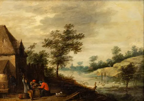 CÍRCULO/SEGUIDOR DE DAVID TENIERS (1610-1690). Campesinos bebiendo ante la taberna.