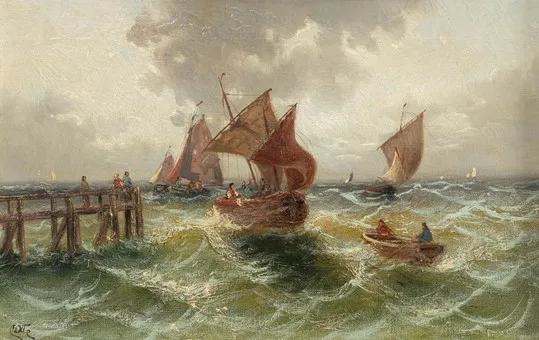 CARL OTTE (رسام بحري من القرن التاسع عشر). سفن شراعية قبالة الساحل.