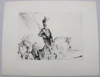 Olvashatatlan aláírású rézkarc, Don Quixote címmel, keret nélkül, képméret 24 x 30 cm