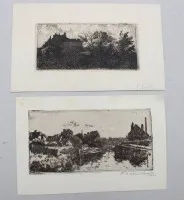 2 különböző kis tájkép rézkarc, Antoine VOLLON (1833-1900) és Willem van Leusden (1886-1974), egyenként keret nélkül, kb. képméret 9,5 x 15,5 cm