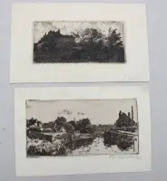 2 különböző kis tájkép rézkarc, Antoine VOLLON (1833-1900) és Willem van Leusden (1886-1974), egyenként keret nélkül, kb. képméret 9,5 x 15,5 cm