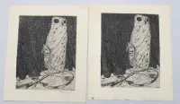 2 db Willi Geiger (1878-1971), bagoly, rézkarc, 1 szignált, 1 lap öregedés nyomaival, egyenként keret nélkül, kb. képméret 16 x 13 cm