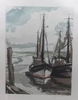Fritz Neumann (1928-?), halászhajó, nagy színes rézkarc, keretezve/üveg, keretméret 62 x 48 cm