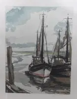 Fritz Neumann (1928-?), halászhajó, nagy színes rézkarc, keretezve/üveg, keretméret 62 x 48 cm