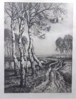 Nagy eredeti rézkarc „Birken am Bach”, Georg Fritz (1894-1967), szépen bekeretezve/üveg, kerettel mérete 75 x 54 cm