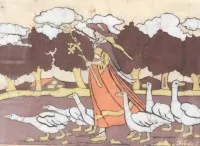 Bärbel Özdemir, batikmunka, „Gänsemagd”, bekeretezve/üveg, kerettel mérete 41 x 51 cm
