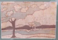 Valószínűleg Bärbel Özdemir, batikmunka, tájkép, bekeretezve/üveg, kerettel mérete 45 x 55 cm