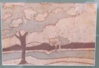 Valószínűleg Bärbel Özdemir, batikmunka, tájkép, bekeretezve/üveg, kerettel mérete 45 x 55 cm