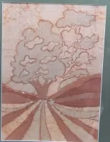 Valószínűleg Bärbel Özdemir, batikmunka, tájkép, keretezett/üveg, keretméret 55 x 45 cm
