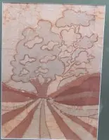 Valószínűleg Bärbel Özdemir, batikmunka, tájkép, keretezett/üveg, keretméret 55 x 45 cm