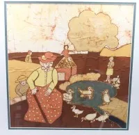 Bärbel Özdemir, batikmunka, tájkép személyekkel, keretezett/üveg, keretméret 64 x 60 cm, nagyméretű csomagküldés!