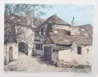 Olvashatatlan aláírású színes rézkarc, Bécs, Beethoven-ház Heiligenstadtban, régi keret/üveg, a keret sérült, kerettel 24,5 x 32,5 cm