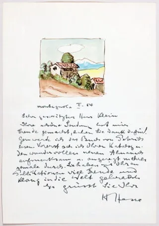 Hermann Hesse. Saját kezű levél akvarellel. 1954