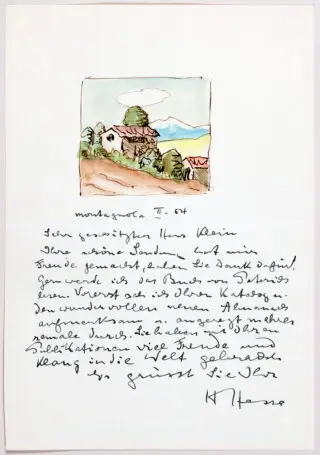 Hermann Hesse. Saját kezű levél akvarellel. 1954