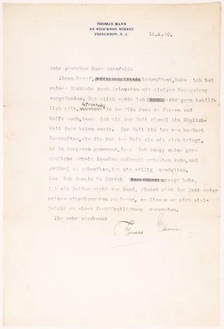 Thomas Mann. Saját kezű aláírással ellátott levél. 1940