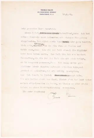 Thomas Mann. Saját kezű aláírással ellátott levél. 1940