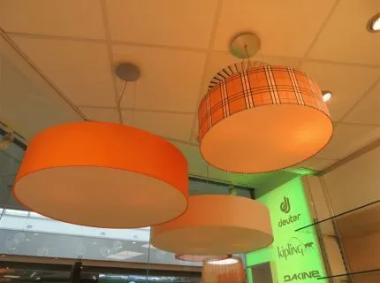 3 pendant lights, round, retro design, checkered, orange and cream, diameter 0.60 m/ 0.80 m/ 0.90 m, ceiling-mounted