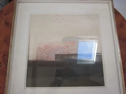 1 Bild im Rahmen mit Glas und breitem Passepartout, Titel: Der Abend, Künstler: Helga Kaiser, von 1984, Technik: Mischtechnik, ca. 43,00 x 45,00 cm