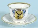 Moccatasse mit Untertasse – Porzellan, handbemalt, Tasse mit Stadtwappen von Füssen, Goldrand;