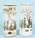 Brush pots, 2 pieces – porcelain, hand-painted, landscape motifs with 4 figures and characters, cylindrical body, H= 28 cm, China