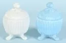 Lidded boxes, 2 pieces – white/blue pressed glass, on 3 feet, ribbed spherical body, H= 14 cm, 1st half 20th c.