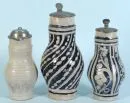 Pitchers, 3 pieces – stoneware, 2 partly blue glazed, incised decorations, baluster bodies, pewter lids, H= 25-33 cm, 1st half 19th c., 1 slightly chipped at base