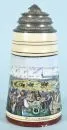 Beer mug "Münchener Oktoberfest" – porcelain, beige glaze, large motif with racecourse and people, with lithophane, decorated pewter lid