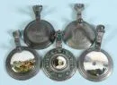Beer mug lids, 5 pieces – pewter, 2 with relief local views, 3 with colored porcelain inserts, D= 9 cm, circa 1900
