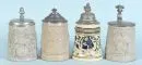 Beer mugs, 4 pieces – ceramic, all-around relief decoration with figures, 1 colored, pewter lids, H= 16-18 cm, around 1900