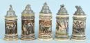 Beer mugs, 5 pieces – ceramic, coloured figure motifs, decorated pewter lids, H= 22-24 cm, around 1900