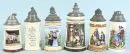 Beer mugs, 6 pieces – Porcelain, colored figures motifs, each with lithophane, decorated pewter lids, H=18-24 cm, circa 1900