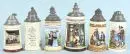 Chopes à bière, 6 pièces – Porcelaine, motifs colorés de personnes, chacune avec lithophanie, couvercles en étain décorés, H=18-24 cm, vers 1900