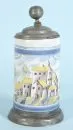 Cylindrical mug – faience, beige glaze, hand-painted with village view, base mount and lid pewter, H= 26 cm, 18th c., restored,…