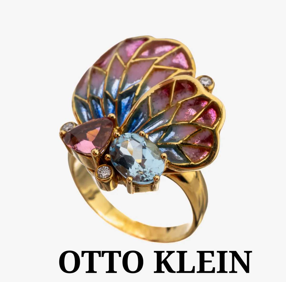 18 kt Gold OTTO KLEIN Email-Aquamarin-Turmalin-Brillant-Ring, GG 750/000,
