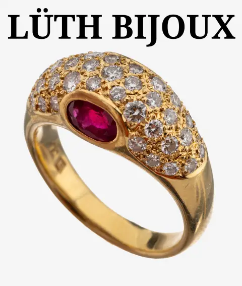 Bague LÜTH BIJOUX or 18 ct brillant-rubis, or jaune 750/000, 43 brillants env. 1,50 ct